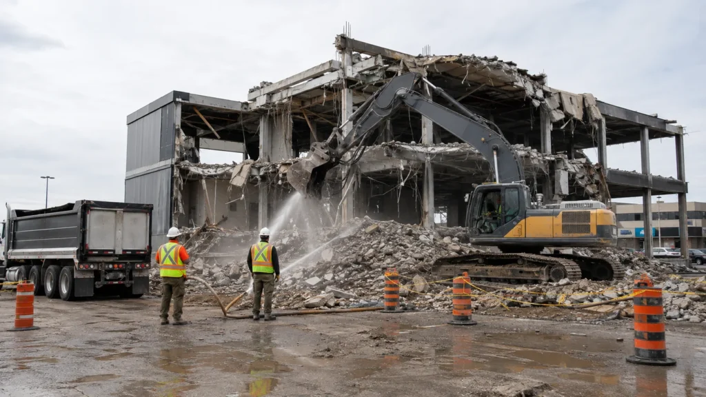 Commercial demolition process in Vaughan showing a large building being dismantled with heavy demolition equipment