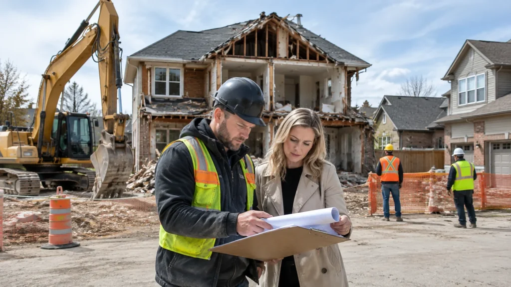 Demolition permit process in Concord Vaughan showing a contractor reviewing demolition plans at a residential construction site