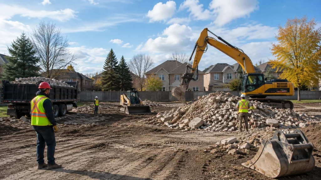 Demolition as site preparation in Vaughan showing an excavator clearing debris and preparing land for new construction