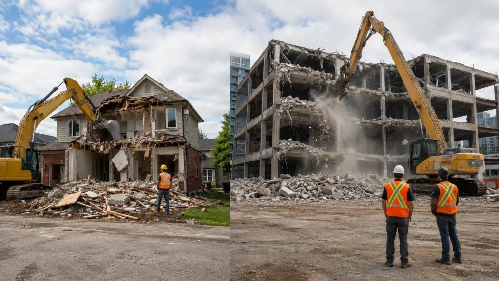Residential vs commercial demolition in Vaughan showing a house and commercial building being demolished with professional equipment