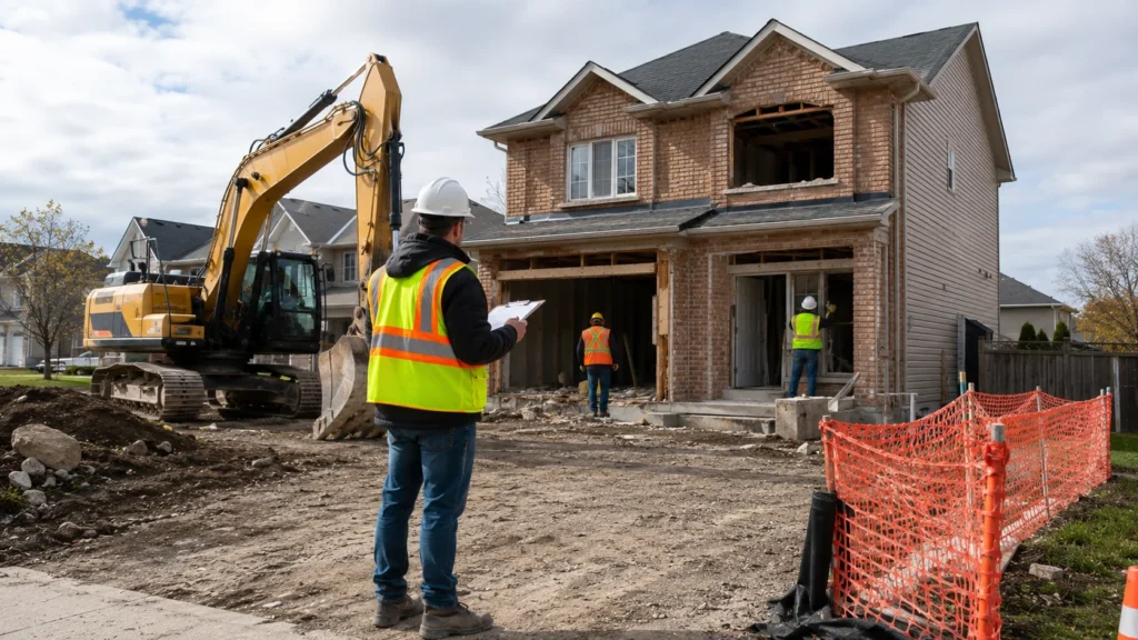 Property preparation for demolition in Vaughan showing a contractor inspecting a house with safety barriers and an excavator