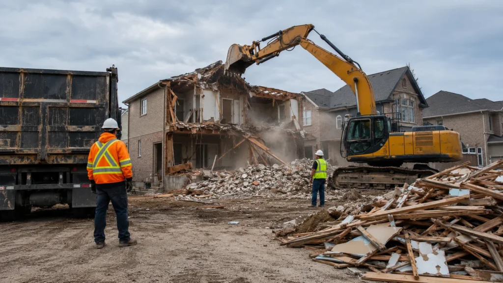 Residential demolition process in Vaughan showing a detached house being safely demolished with an excavator